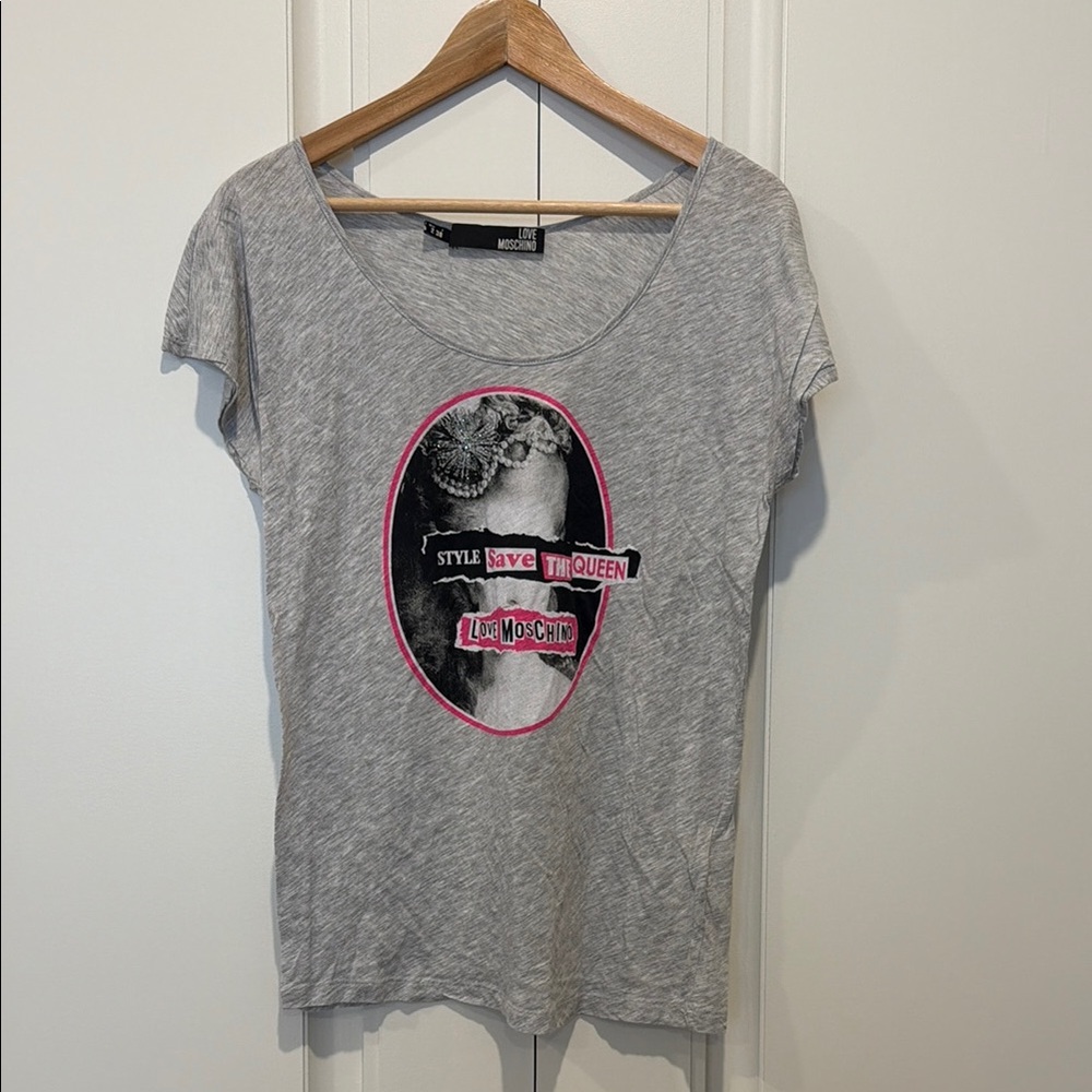 Love Moschino Gray Graphic Scoop Neck Tee